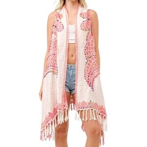 New Long Vest Boho Gift For Her Fringe Duster Lyra Coral/White Beach Coverup